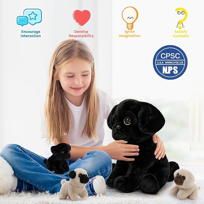MorisMos Pug Stuffed Animal with Babies Inside, 14" Mommy Stuffed Pug with 3 Baby Puppies, 4Pcs Interactive Soft Cuddly Dog for Kids, Dog Lovers, Birthday Christmas Baby Shower Room Decor