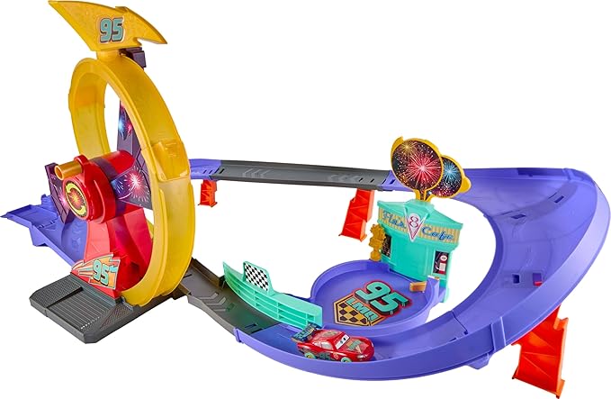Mattel Disney Pixar Cars Toy Track Set with Light-Up Lightning McQueen, Race to Celebrate Celebration Raceway Playset with Loop & Wind-Up Kicker