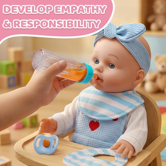 Uzoxlsn 15 Pcs Baby Doll Accessories with 12" Doll, Cotton Carrier Bassinet, Bedding, Feeding & Caring Set, Magic Bottle, Pacifier, Diaper, Blanket, Pretend Play Game Gift for Girls Age 3+ Toddler