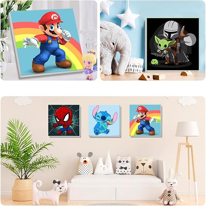 KOJEFCV 4 Pack Cartoon Paint by Number for Kids with Wooden Frame-Paint by Numbers for Kids Ages 4-8-12, DIY Paints with Numbers Easy Acrylic Oil Painting Kits for Home Wall Decor (8X8inch)