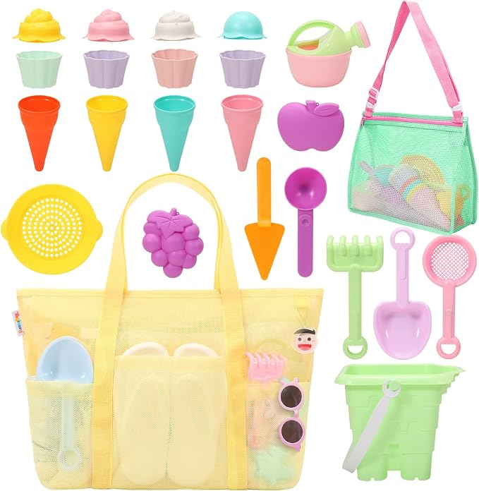 Tagitary Beach Toys for Kids and Mesh Beach Bag with Zipper, Large Beach Tote with 8 Pockets, Sand Toys Storage Pool Bag Beach Accessories for Sports Camping Picnic Travel