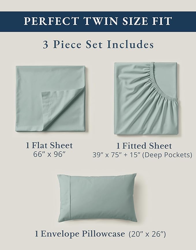 LANE LINEN Twin Bed Sheet Set 100% Organic Cotton Percale 3pc - French Blue | GOTS Certified Organic Cotton Percale Twin Sheet Set - For Hot Sleepers, All-Season Comfort, For Dorm & Guest Rooms
