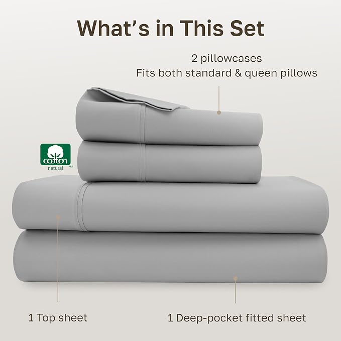 California Design Den Soft 100% Cotton Sheets Queen Size Set, 400 TC Good Housekeeping Award Winner, Silky Smooth Sateen with Deep Pockets, Breathable and Durable Cotton Bedding Set - Light Grey