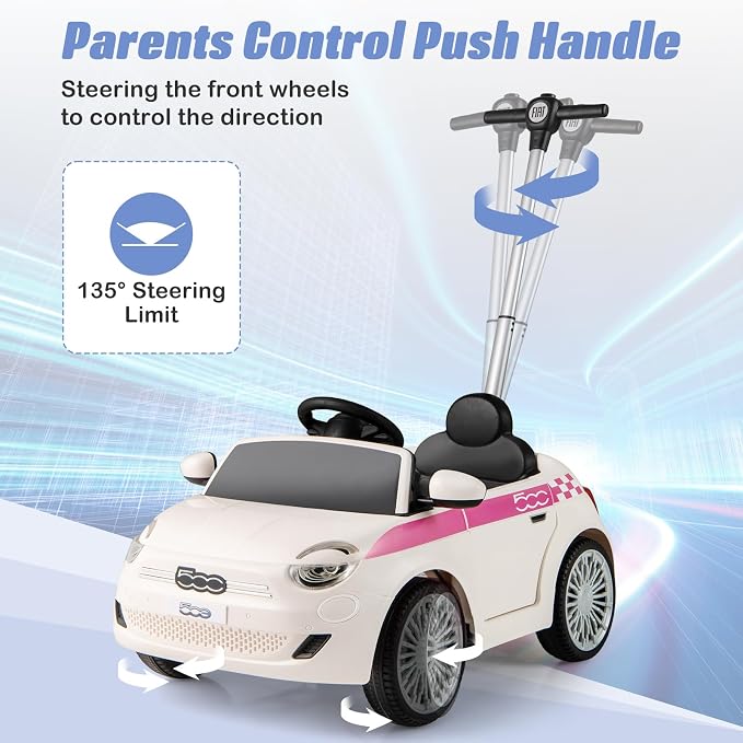 OLAKIDS Push Car for Toddlers, 3 in 1 Licensed Fiat 500e Baby Sliding Walking with Parent Control Handle Adjustable Canopy Footrest, Kids Ride on Toys with Horn for Boys Girls (White)