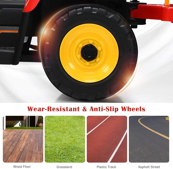 HONEY JOY Ride On Tractor with Trailer, Toddler 3-Gear-Shift Ground Loader, LED Lights, Horn, Music, 12V Battery Powered Electric Toy Tractor with Remote Control (Red)