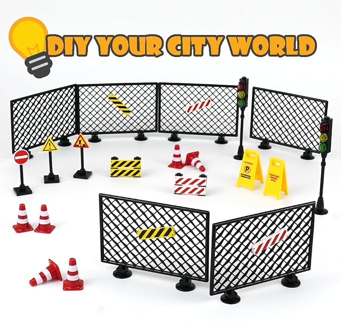 City Road Signs Bricks Accessories, Construction Site Street Signs, Mini Traffic Cones & Crosswalk Signal Toys for Kids Building Blocks Toys for Boys Girls