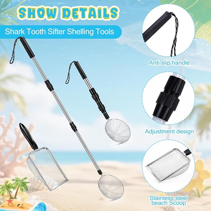 Silipull 8 Pcs Beach Toys Shell Collecting Set Sand Toys Include 2 Beach Mesh Bag 2 Sand Sifter 2 Mesh Shovel Scoop 2 Foldable Bucket Shark Tooth Sifter for Kids Vacation Essentials