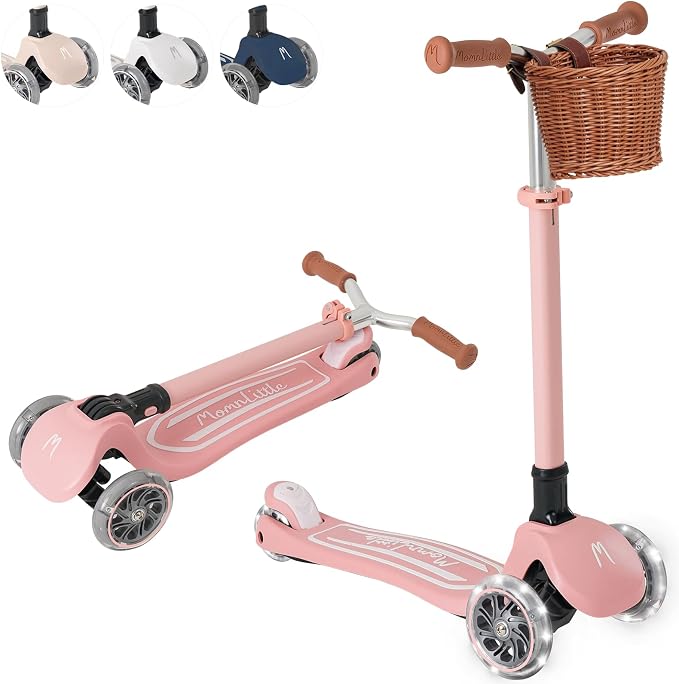 MomnLittle 3 Wheel Toddler Scooter for Kids Ages 3-10, Foldable Scooter with LED Light-Up Wheels, Lean-to-Steer Design, Mini Basket & 4 Adjustable Heights, Scooter for Boys and Girls