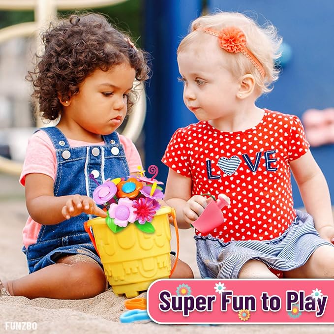 FUNZBO Girl Flower Garden Building Toys Set - Birthday Gifts for Age 3 4 5 6 7 8 Years Old Girls, STEM Montessori Educational Toy for Toddler Kids, Sorting & Stacking Spring Gardening Set