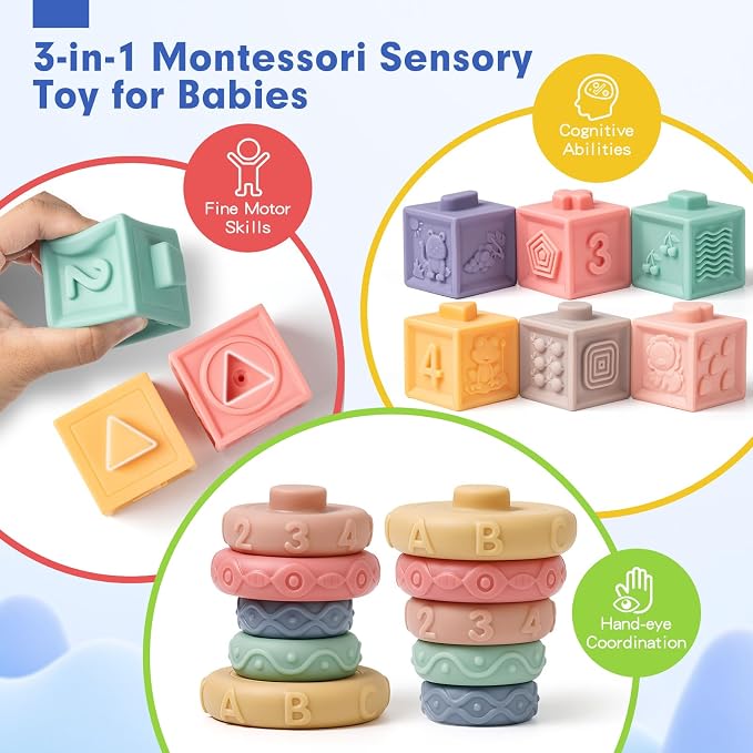 Baby Sensory Teething Toys Set, Montessori Baby Toys 6-12 Months, Incl Newborn Rattle Teether & Baby Blocks & Soft Stacking Rings, Ideal Babies Boy Girl Gifts, Infant Toys 0-3-6-9-12-18 Month