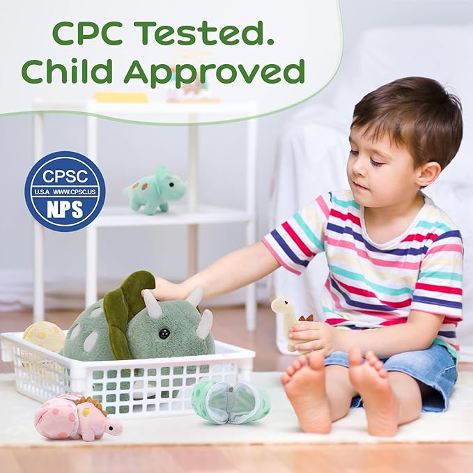 Dinosaur Stuffed Animal Set, 17.6 Inch Green Mommy Dinosaur Plush with 3 Baby Dinosaurs, Triceratops Stegosaurus Diplodocus Plush Toys for Girls Boys Kids, Cute Dino Christmas Birthday Gift