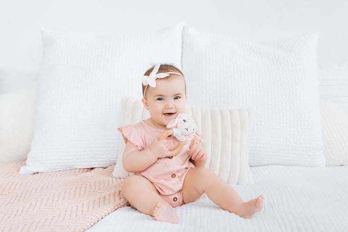 Pearhead Bunny Wooden Baby Teether – Soft Plush Lovey with Floppy Ears & Natural Wood Rattle Ring, BPA-Free, Soothes Infant Gums, Multi-Sensory Newborn Essential for Girls, Pink Floral, 0+ Months