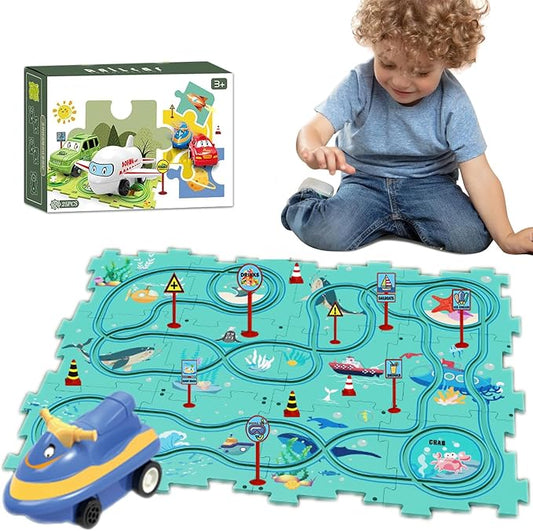 Christmas Stocking Stuffer 25PCS Puzzle Racer Kids Car Track Set, Ocean Series Puzzle Racer Car Track Set Puzzle Track Car Play Set Preschool Gifts for Kids Birthday Gift for Boys Girls
