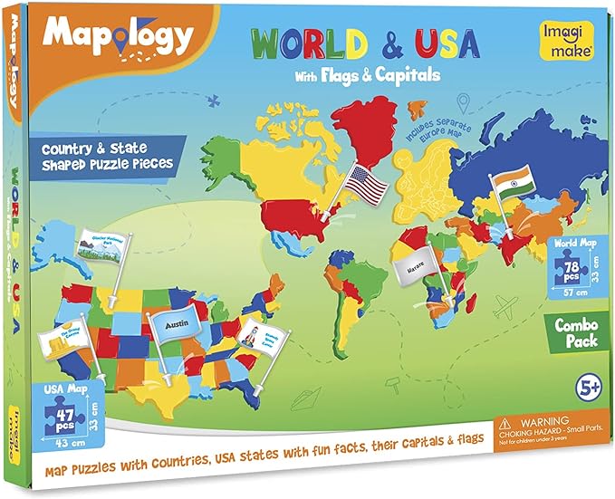 Imagimake Mapology USA & World Map Puzzle with Flags, Capitals, Stickers | Educational Toys for Ages 5-7 | Jigsaw Puzzles for Kids Ages 8-10 | Geography Toys for Age 8-13 | 6 Year Old Boy & Girl Gifts