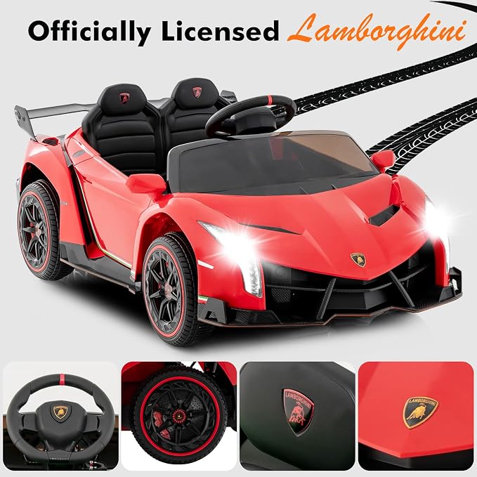 INFANS 2 Seater Kids Ride on Car, 12V 4WD Licensed Lamborghini Veneno Powered Electric Vehicle with Hydraulic Doors, Rocking Mode, Adjustable Speeds, Remote Control, MP3, Headlight (Red)