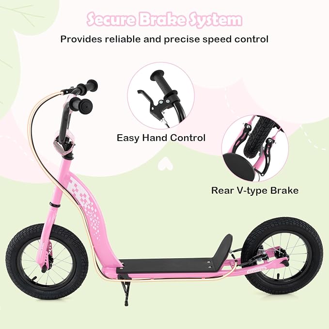 GYMAX Scooter, Kick Scooter for Adults, Teens, Kids with Adjustable Handlebar, 12” Inflatable Wheels, Front Caliper Brake & Non-Slip Deck, Heavy Duty Off-Road Scooter