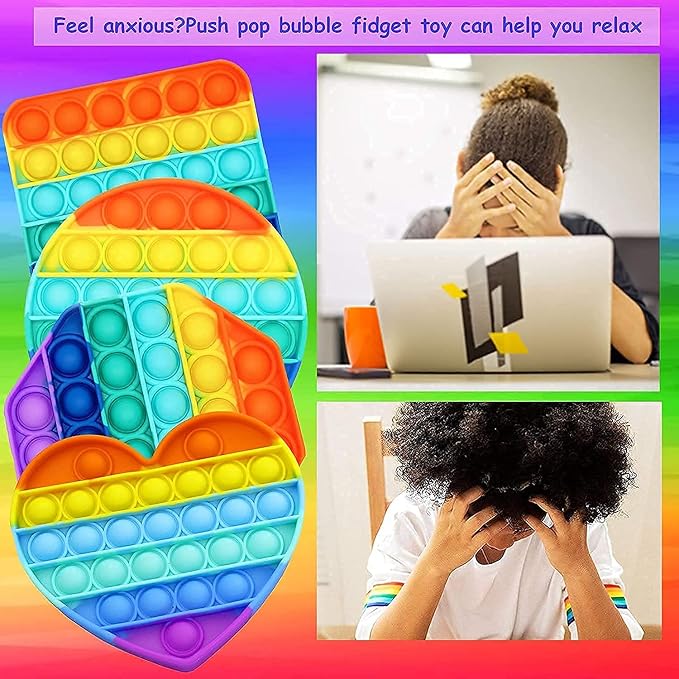 Multipurpose 4 Pack Rainbow Pop it Fidget Toy, Bubble Sensory Toy for Kids and Adults, Stress Reliever, 4 Shapes Poppers-Heart, Circle, Octagon, Square Pressure Relieving