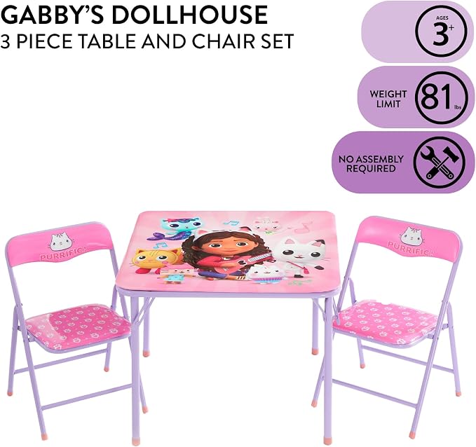 Gabby's Dollhouse 3 Piece Children's Activity Square Table and 2 Folding Chairs Set, Ages 3+