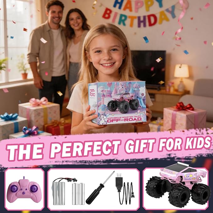 Remote Control Car, Unicorn Amphibious RC Cars for Girls Boys, 2.4GHz Waterproof Monster Truck All Terrain Off-Road Vehicle, 360° Flips RC Crawler with 2 Batteries, Toys Gifts for Age 6 7 8 9 10+