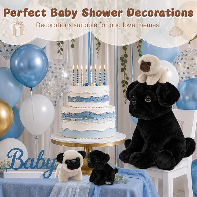 MorisMos Pug Stuffed Animal with Babies Inside, 14" Mommy Stuffed Pug with 3 Baby Puppies, 4Pcs Interactive Soft Cuddly Dog for Kids, Dog Lovers, Birthday Christmas Baby Shower Room Decor