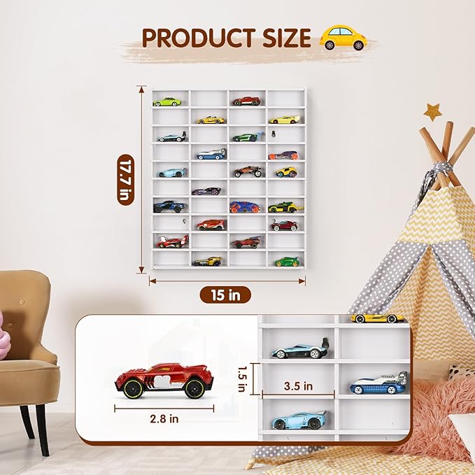 Krafetto 2 Pack Toy Car Display Shelf, Holds 80 Diecast 1/64 Toy Cars, Wall Mount Model Car Storage Organize Case, White