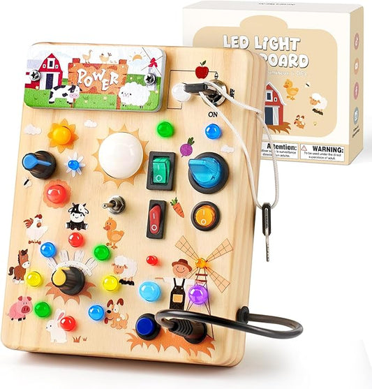 Sanlebi LED Busy Board for Toddlers 1-3,Montessori Toy with Key Switch, Light Up Wood Activity Sensory Board for Fine Motor Skills, Educational Travel Toy Gift for 1 2 3 Year Old Boys Girl