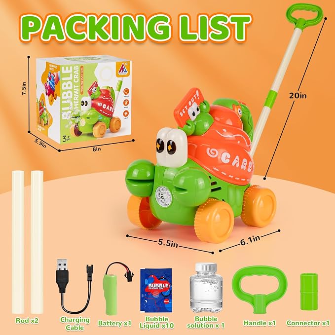Crab Bubble Machine for Kids,Handheld or Push Bubble Maker Blower,Bubble Lawn Mower W/Lights,Outdoor Toys Birthday Gift for Toddlers Boys Girls 3 4 5 6 Years Old (USB Rechargeable)
