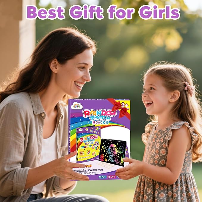 ZMLM Scratch Paper Art-Crafts Gift: 2 Pack Rainbow Notebooks Supplies Toys for 3 4 5 6 7 8 9 10 Years Old Girls and Boys Kids Easter Gifts Christmas Birthday Party Games Mermaid