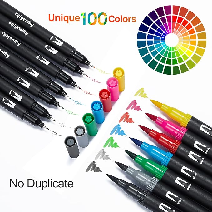 Eglyenlky Colored Markers for Adult Coloring Books, Dual Tip Brush Pens with 100 Watercolor Fine Tip Markers and Brush pens for Kids Drawing Calligraphy