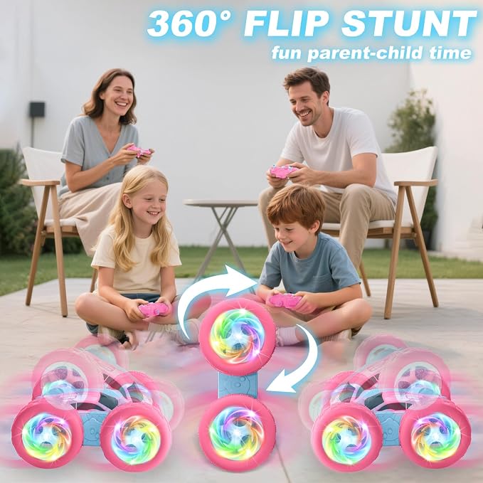 Remote Control Car, RC Cars for Girls, 2.4 GHz Double Sided RC Crawler with Upgraded USB-C Modular Battery, 360°Rotating Car Toys for 6 7 8 9 10 11 12 Year Old Girl Birthday Gift PinkBlue