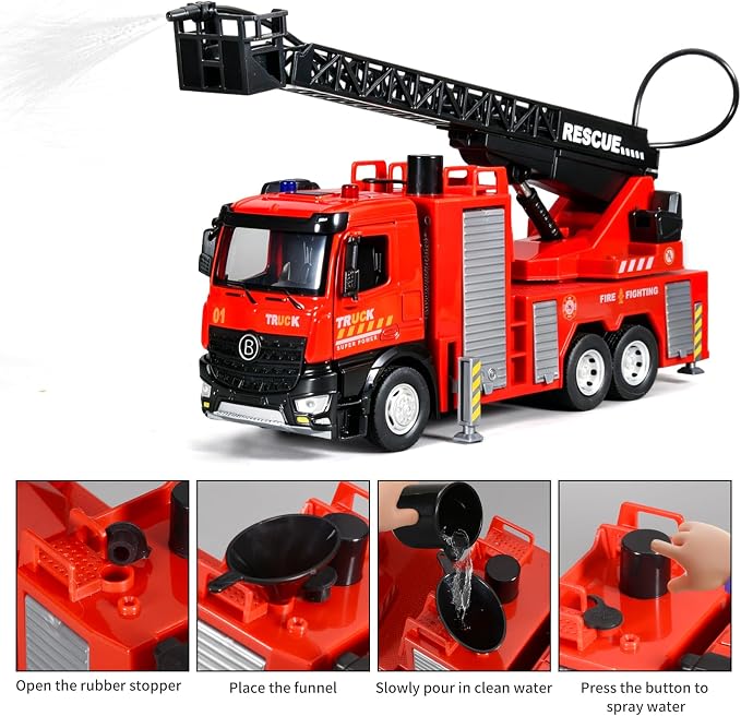 Fire Truck Toy Diecast Metal Cab Water-Spraying Toy Fire Truck for Kids Boys Girls and Toddlers Friction-Powered Fire Truck with Lights and Sounds Fire Trucks for Toddlers 3-5
