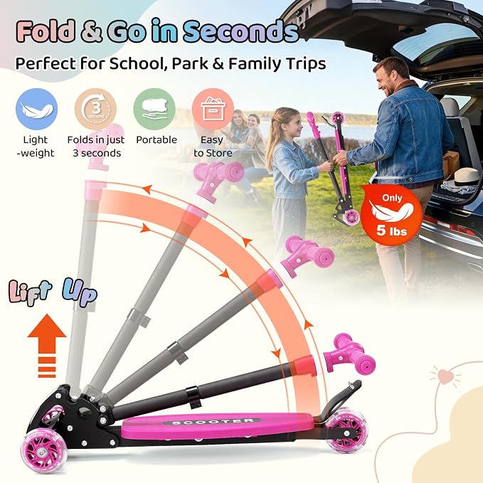 Kick Scooters for Kids 5-7 8-12,Lean to Steer,Three Wheeled Light Up,28"-32" Adjustable Handlebar,Widen Anti-Slip Deck,Floor Push Scooter for Boys Girls Ages 6-12 3-4 Old,Foldable for Travel