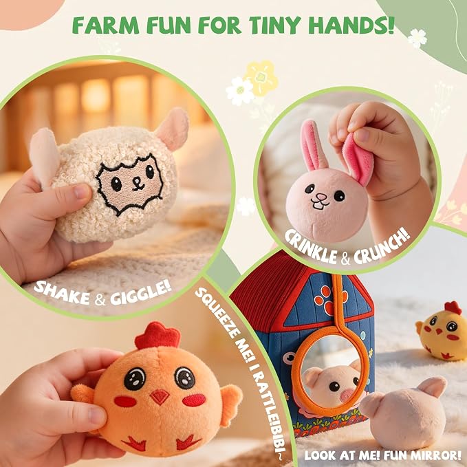 SAIMAND Baby Toys 6-12 Months, Barn with Stuffed Farm Animals, Montessori Toy for Babies, Sensory Toys for Toddlers 1-3, Portable Baby Farmhouse Toy, Birthday Gift for Infants & Toddlers