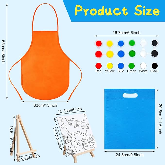 Tenceur 48 Pcs Kids Paint Party Favors Sets with 12 Pcs Animals Pre Drawn Canvas Panel and Wooden Easel Set Paint Pots and Brushes 12 Mini Apron and Tote Bag for Kids Boys Student Girls