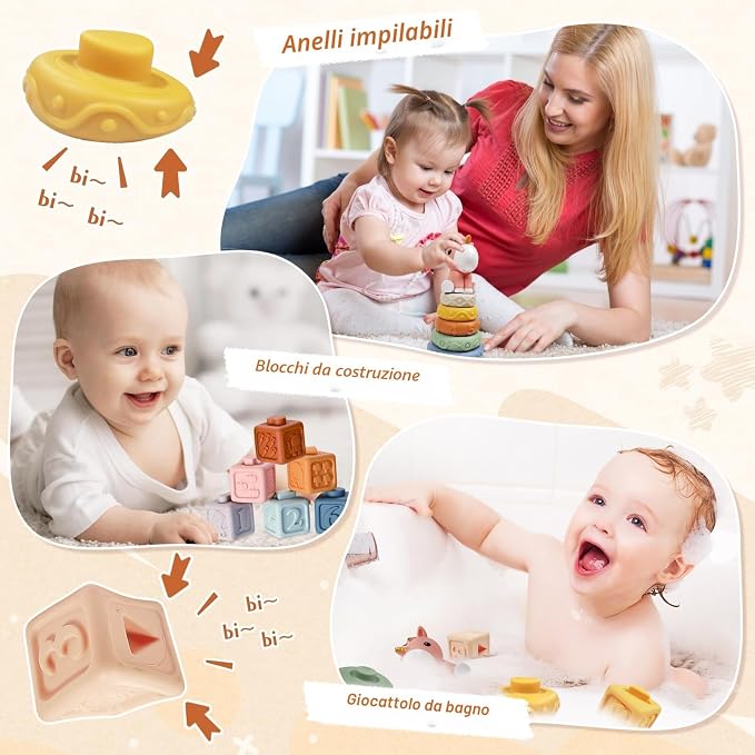 Montessori Toys for 6-12 Months, 4 in 1 Baby Toys for 6 Month Old | Soft Stacking Blocks, Baby Tissue Toy, Teething Toy, Fine Motor & Cognitive Skills, Montessori Toys for Babies 6-12-18 Months