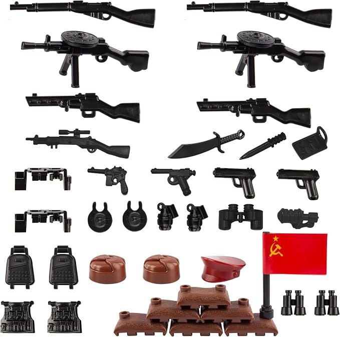 Military Weapons Pack 33 Pcs Soviet Accessories Kits Toys, Army Equipment Gear WW2 Guns for Boys 6+, Compatible with Mini Figure of Major Brand