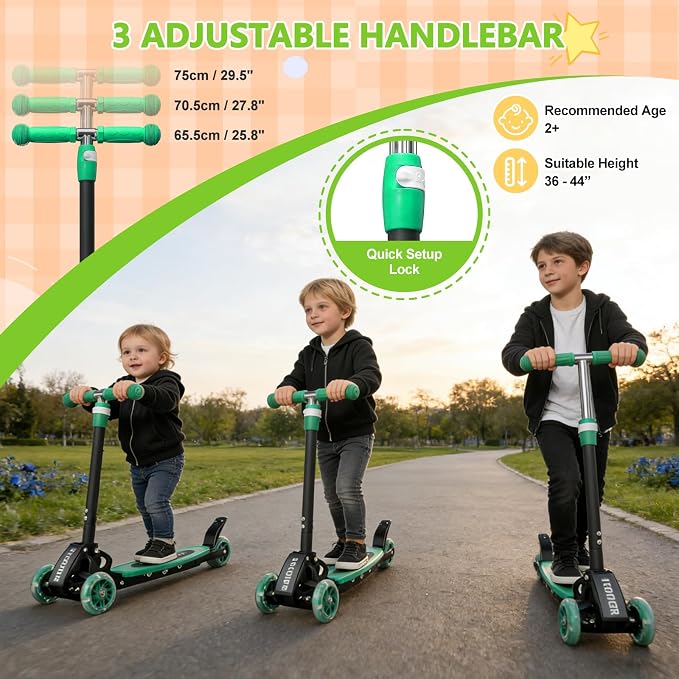 3 Wheel Scooters for Kids 2-5 5-7 Years, 4 Adjustable Heights Foldable Metal Toddler Scooter for Boys Girls Up to 120 lbs, Lean-to-Steer, Dual Rear Brake Widen Anti-Slip Deck