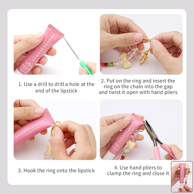 WJXCYGG 12 Set Lip Gloss Keychain Making Kit 120 Assorted Acrylic Beads Packed in 12 Colors 32.8 Ft Rope 12 Keychain Clips for DIY Crafts Women