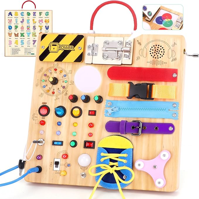 23-in-1 Montessori Busy Board with LED Lights Educational Wooden Activity Toy for Toddlers Ages 1-3, Travel Sensory Board with Switches Locks Music Box Fine Motor Skills Learning Toy for Boys Girls