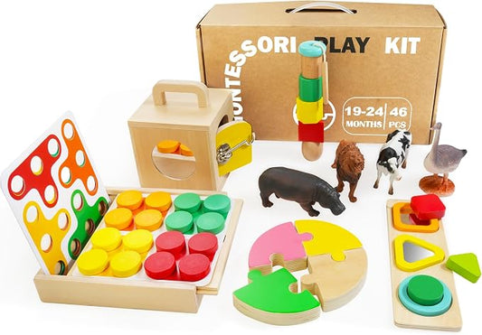 Montessori Toys for 1 2 Year Old, 9 in 1 Wooden Toddler Educational Set, Includes Lock Box, Puzzle, Color Sorting Board, Lacing Beads, Shape Sorter & Animal Figures, Gift for 19-24 Months Boy & Girl