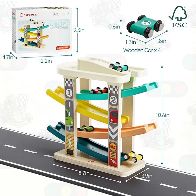 TOP BRIGHT Toddler Toys for 2 Year Old Boy, Wooden Car Ramp Race Track Set, Car Toys for Toddlers 1-3 with Cars and a Garage, Montessori Toys for 12 Year Old Boy Girl,Birthday Gift for Age 18+ Month