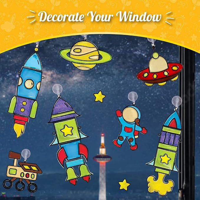 Imagimake Window Art Rocket | Low Mess Suncatcher Kit | 16 Pieces Glass Painting Set | Kids Activities Ages 5-8 | DIY Craft Kit | Birthday Gift for Boys & Girls Ages 5,6,7,8,9,10,12 Years Old