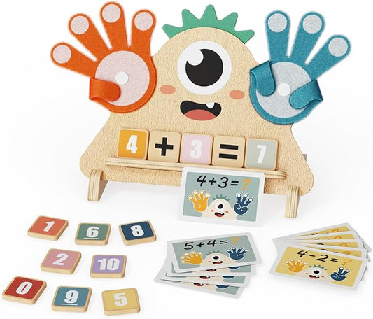 Finger Counting Math Toy for Kids 3-5, Montessori Monster Math Toy with Number Blocks, Hands-On Addition & Subtraction Learning Toy, Educational Birthday Gift for Toddlers