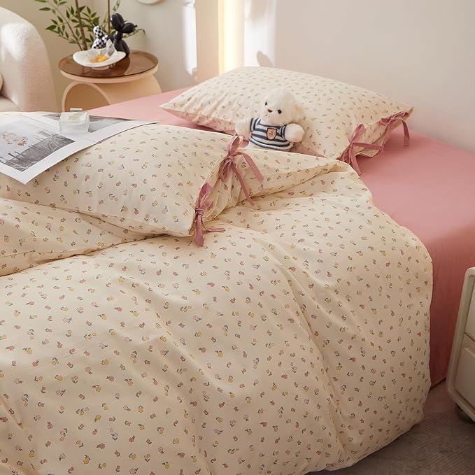 Botanical Floral Comforter Set Twin XL, Cute Colorful Flowers Pattern Cottagecore Comforter with 2 Bow Ties Pillowcases, Soft Lightweight Bedding Comforter for All Seasons Aesthetic Bedroom Decor