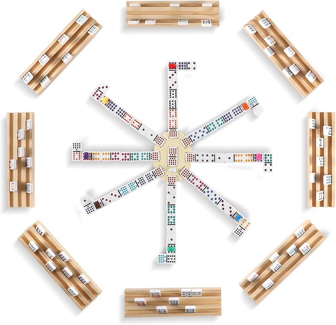 Mexican Train Dominoes Set with 8 Wooden Trays/Racks, Double 15 Dominos Travel Set with 8 Tiles Holders, 136 Tiles Double 15 Colored Dominoes Game Set with Zippered Case for Family Kids