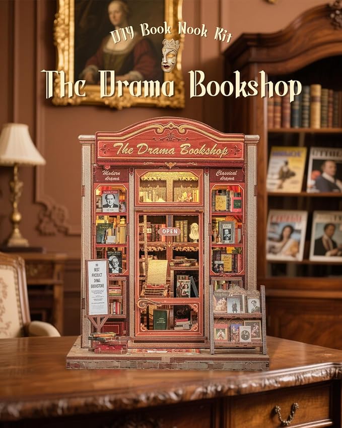 Cutefun Book Nook Kit - DIY Miniature Dollhouse Booknook Kit for Adults and Teens, 3D Wooden Puzzle Bookshelf Insert Decor with LED Light, Gifts for Family and Friends (The Drama Bookshop)