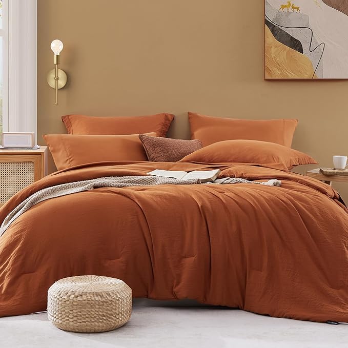 WRENSONGE Twin XL Comforter Set- 5 Pieces Burnt Orange Bed in a Bag, All Season Twin XL Bedding Sets with 1 Fitted Sheet, 1 Flat Sheet, 1 Pillow Sham and 1 Pillowcase