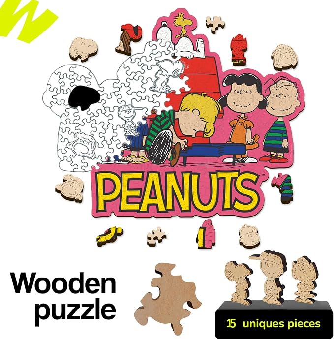 Peanuts Snoopy Puzzles for Adults – Charlie Brown Wooden Jigsaw Puzzles, 200 Pieces Unique Shaped Wooden Puzzle, Family Game, 5MM Thick, Officially Licensed Merchandise – Friends, 13.1" x 10.6"