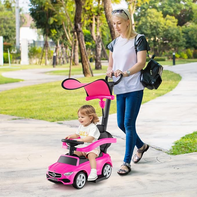 Costzon Push Car for Toddlers, 3 in 1 Mercedes Benz Stroller Sliding Walking Car w/Canopy, Handle, Safety Bar, Horn Sound, Underneath Storage, Foot-to-Floor Ride On Toy for Boys & Girls (Pink)