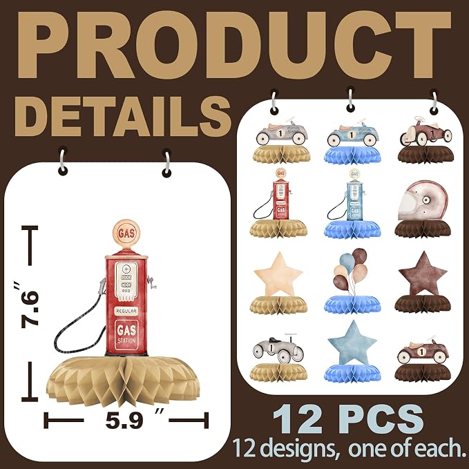 Vintage Race Car 1st Birthday Honeycomb Centerpieces 12 Pack, Race Car First Birthday Decorations, Boy First Birthday Race Car Theme Party Table Centerpieces, Retro Racing Party Supplies